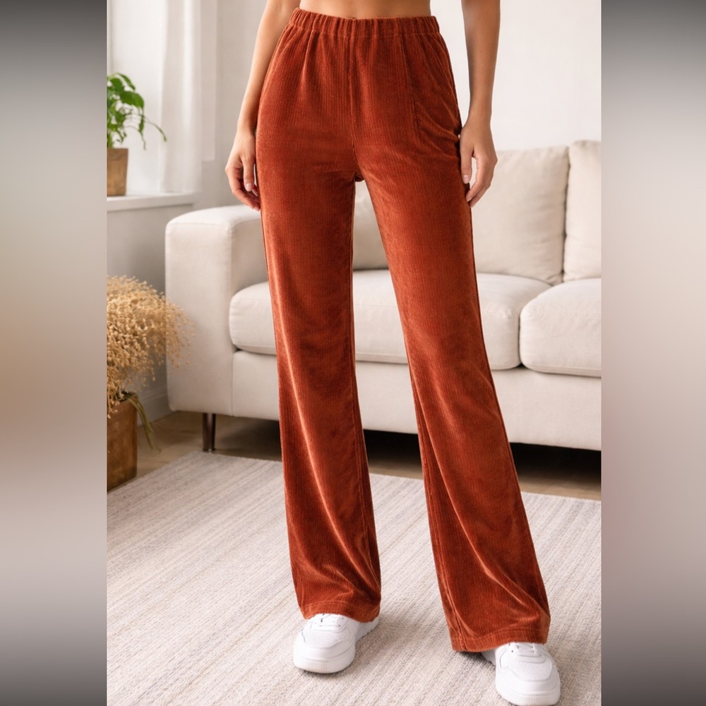 Velour Rust‎ Retro Groovy Hippie Flare Pants Track Pants